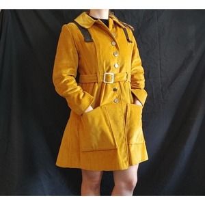 Vintage Mustard Velvet Long Peacoat W Leather Detail Women's Medium